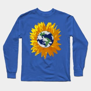 Sunflower with Green and Blue Planet Earth Center Long Sleeve T-Shirt